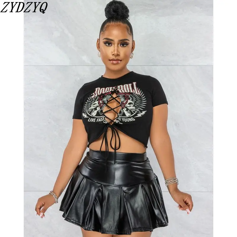 

Spring Sexy Two Piece Set Women Bandage Printed T-shirt Crop Top+PU Pleated Skirt Sets Lounge Club Outfits Streetwear Wholesale