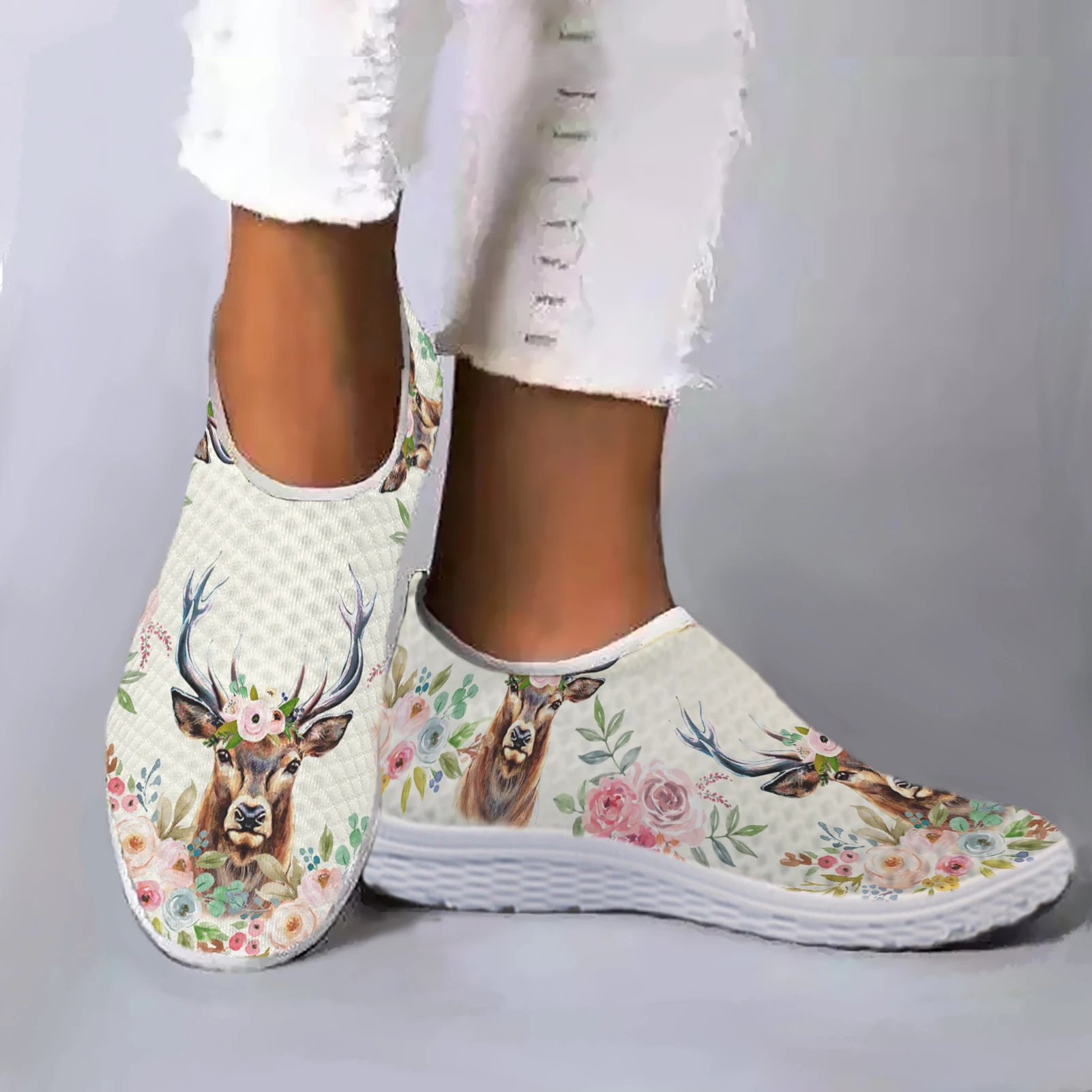 

Женские сетчатые Лоферы INSTANTARTS, повседневные туфли на плоской подошве, с рисунком оленя, цветочный узор, для квартиры, без застежки