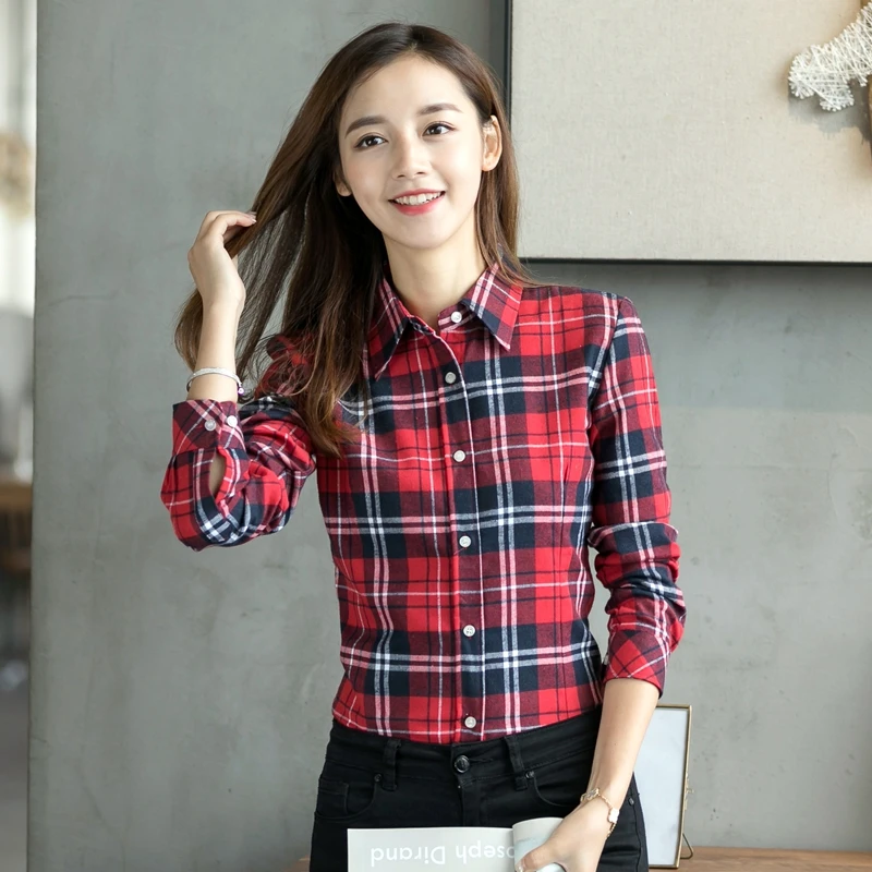 

2023 New Brand Plaid Shirt Female College Style Women's Blouses Long Sleeve Flannel Shirt Plus Size Cotton Blusas Office Tops