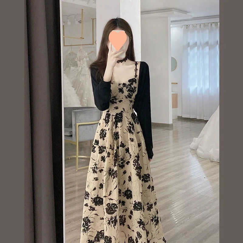 

2023 Summer Floral Strap Midi Dress Women Sleeveless Elegant Vintage Dress Evening Party One Piece Dress Y2k Korean Fashion Sets
