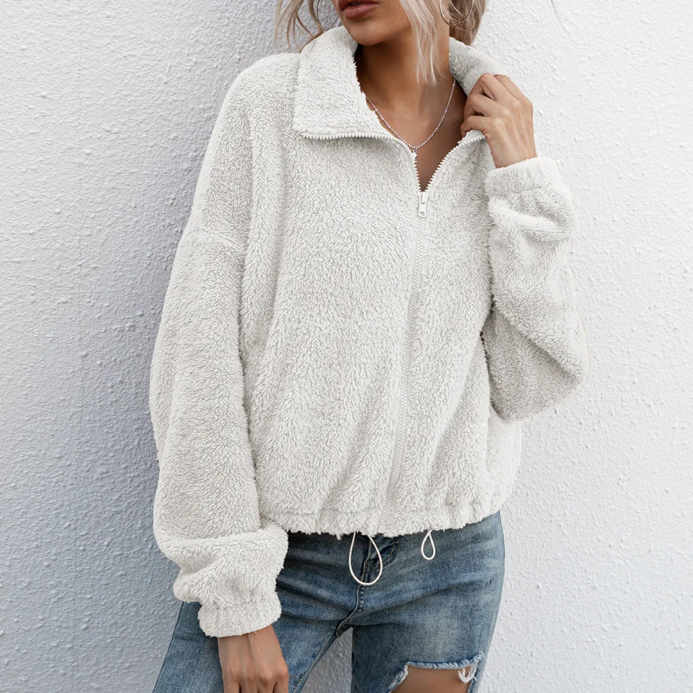 

Double Sided Plush Lapel Short Solid Color Jacket Coat Ladies Winter New Drawstring Zipper Sweater Coat Ladies Warm Clothes