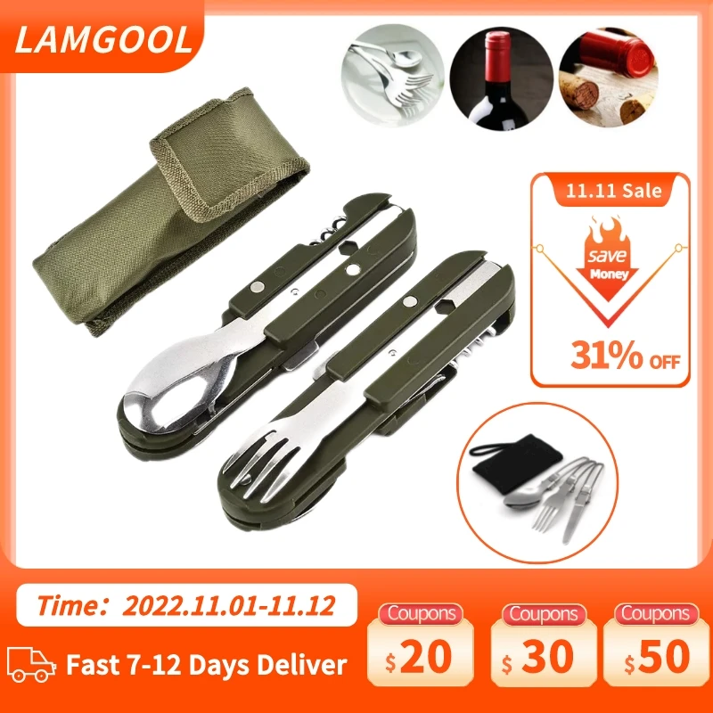 

Army Green Folding Portable Stainless Steel Camping Picnic Cutlery Knife Fork Spoon Bottle Opener Flatware Tableware Travel Kit