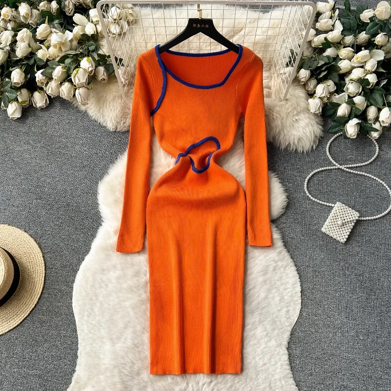 

Винтажное облегающее платье во французском стиле с застежкой на талии для осени/зимы, женские платья, новое однотонное вязаное шерстяное платье миди с запахом на бедрах