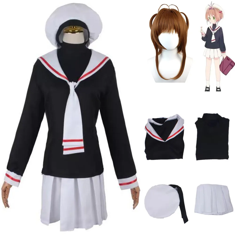 

Anime KINOMOTO Cardcaptor Sakura Cosplay Costume Skirt Hat Lining Wig Tie Man Woman Adult Jk Sailor Suit Japanese School Uniform