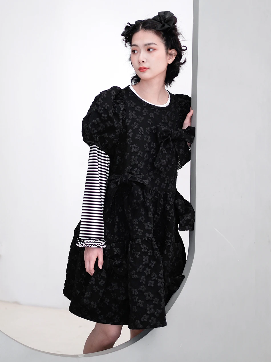 

Оригинальное новое милое платье-трапеция imakoni с бантом и коротким рукавом, облегающее платье с пузырьками, модель Xia 213236