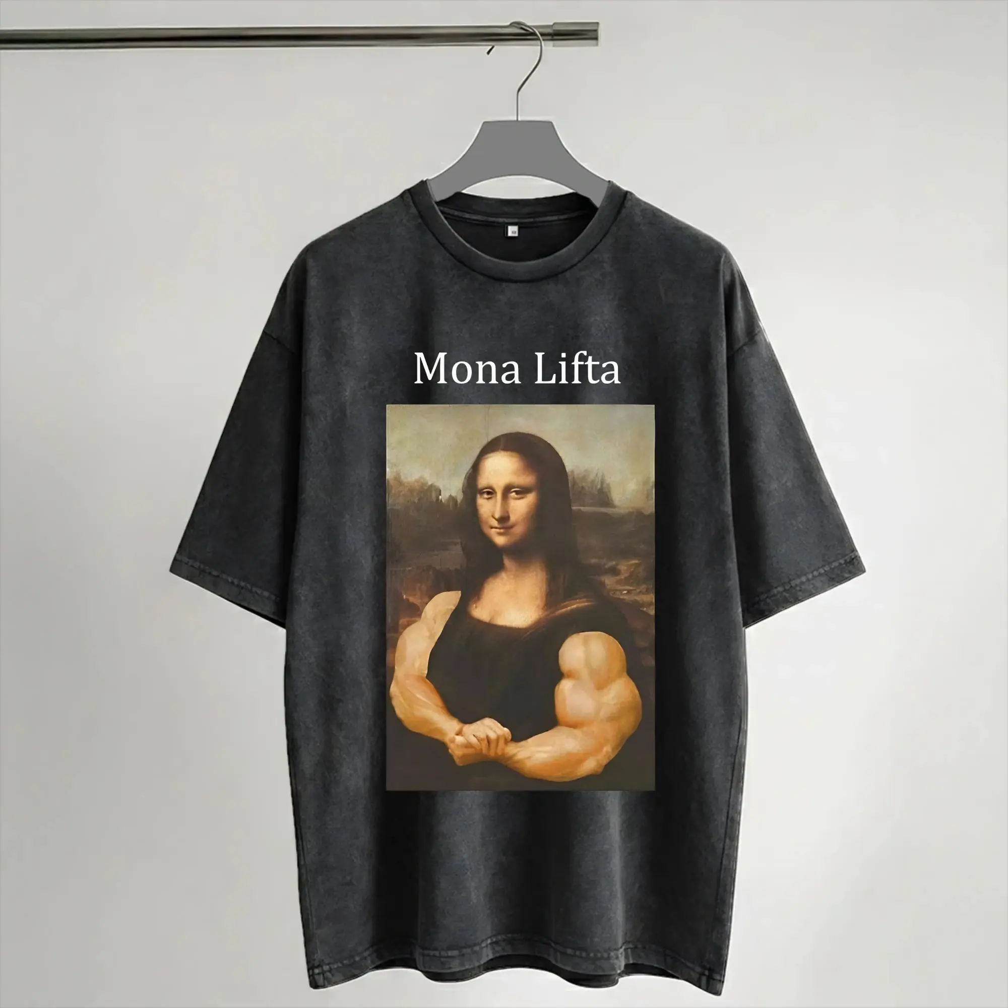 Фото Футболки La Gioconda Mona Lisa Gym Lover, хип-хоп футболки из выстиранного хлопка в стиле Харадзюку, винтажные футболки для мужчин и женщин, уличная одежда, летние футболки №1