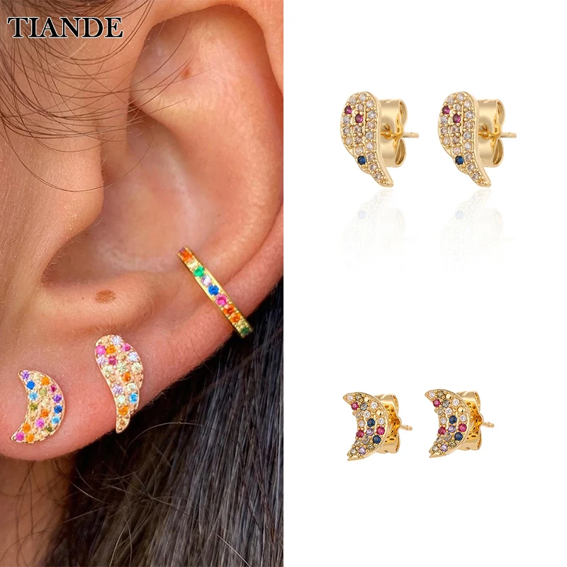 

TIANDE Silver Color Gold Plated Stud Earrings for Women Colour Zircon Piercing Moon Wing Huggie Earrings 2022 Jewelry Wholesale