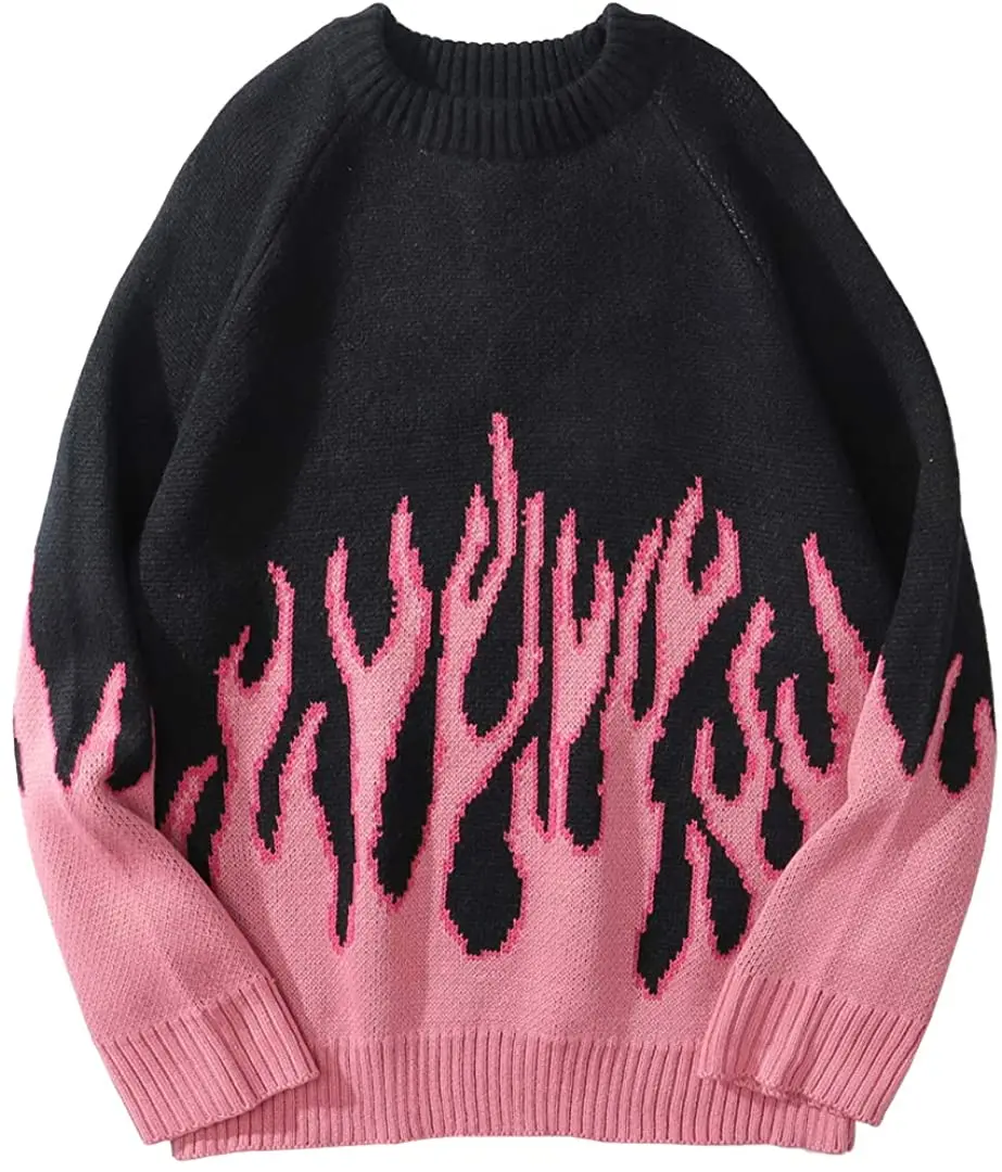 

Sweaters Tops Hip Hop New Pull Over Casual Harajuku Sweatshirts Streetwear Retro Women Pink Flame Knitted Pullover Sweater