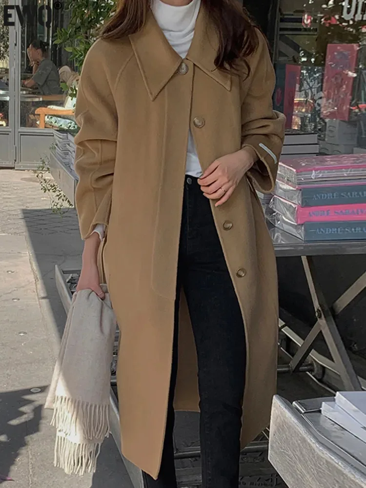 

[EWQ] Temperament Lapel Single Breasted Woolen Coats With Belt Casual Loose High Quality Long Sleeve Wool Blends Jacket Autumn