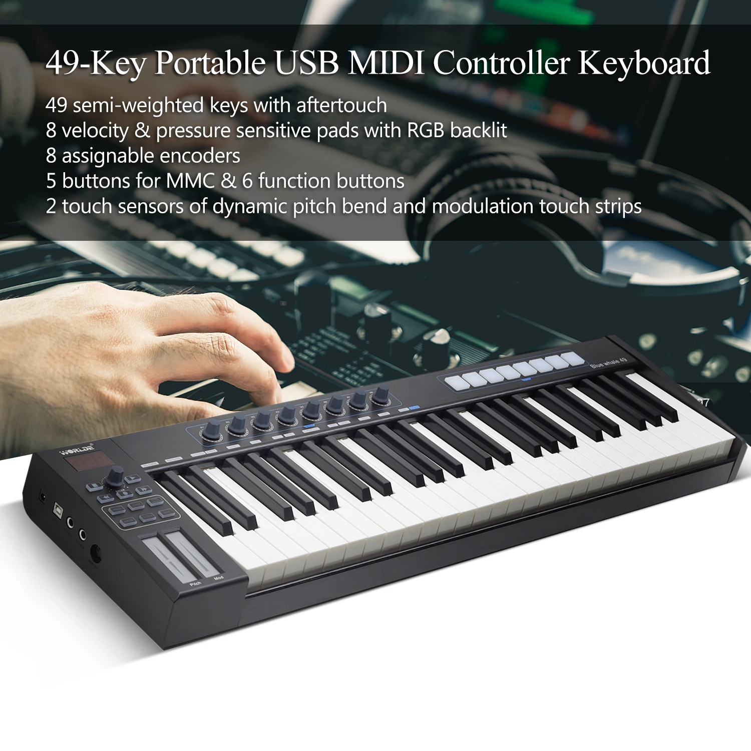 Портативный USB MIDI-контроллер WORLDE Blue КИТ 49 с клавиатурой полуутяжеленными