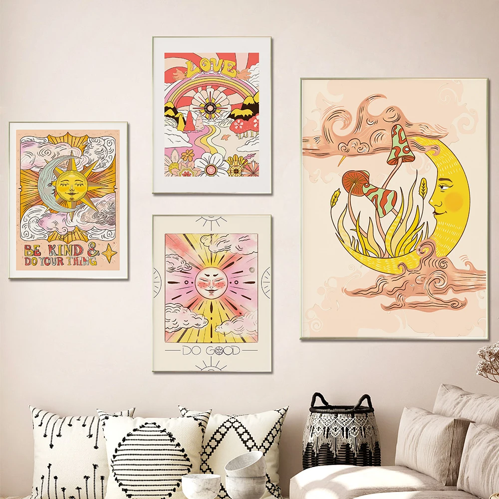 

Pop Mural Psychedelic Flower Art Spiritual Floral Wall Poster 70s Idea Vintage Sun Moon Tarot Canvas Painting Room Home Decor