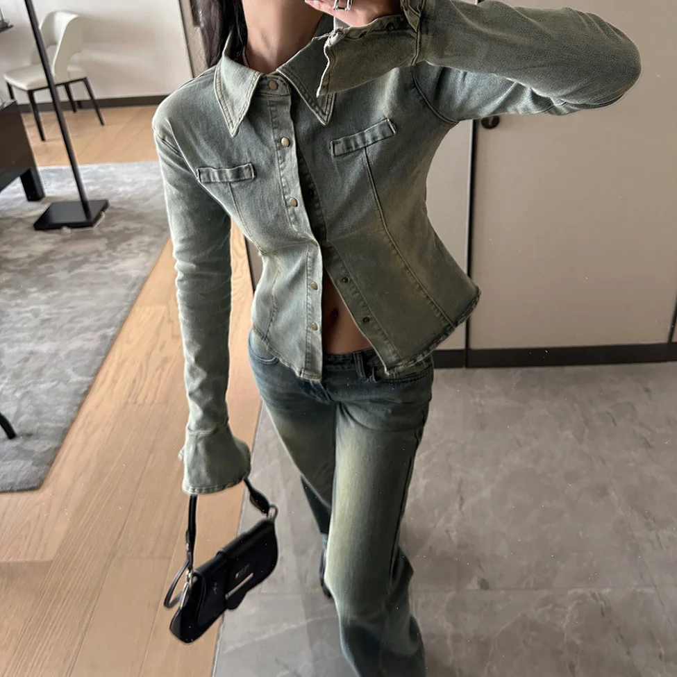 [YOZOU] винтажное приталенное стильное джинсовое пальто куртки женская рубашка