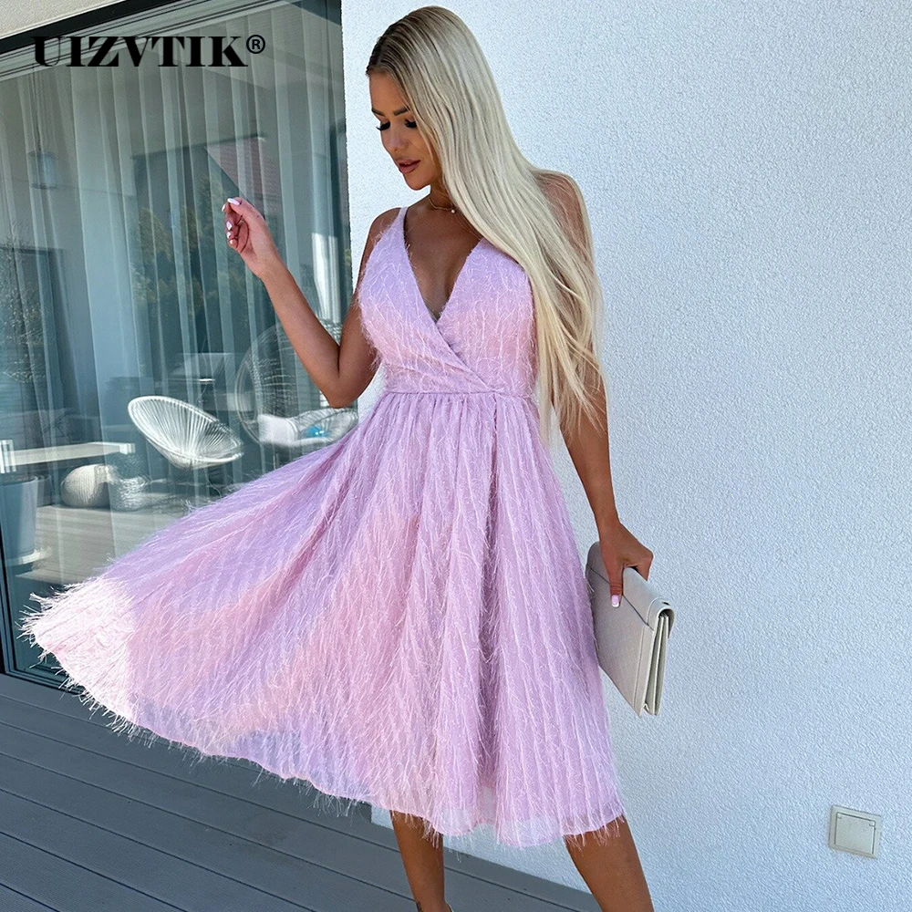 

Элегантные сексуальные платья с V-образным вырезом, открытой спиной и кисточками для женщин, лето 2023, повседневное облегающее платье для отп...