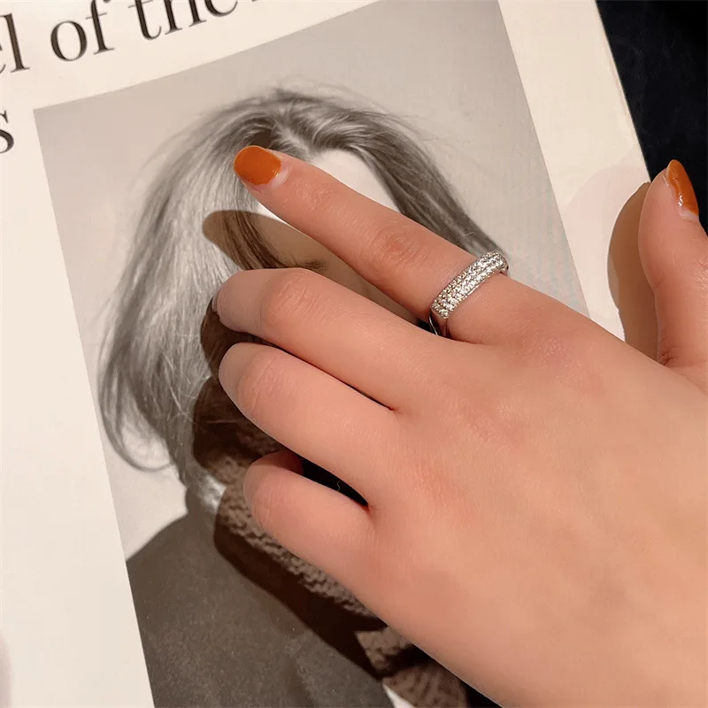 

New Style Inlaid Zircon Square Open Ring Korean Fashion Woman Silver Stainless Steel Jewelry Light Luxury Couple Ring Party Punk