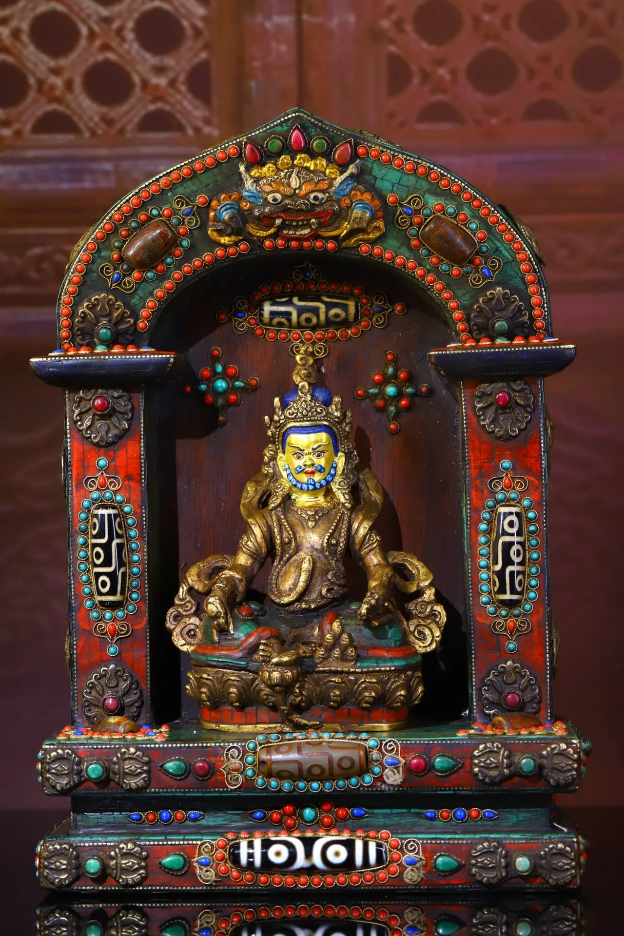 

12" Tibetan Temple Collection Old Bronze outline in gold gem Dzi Beads Huang Caishen Buddhist niche Town House Exorcism