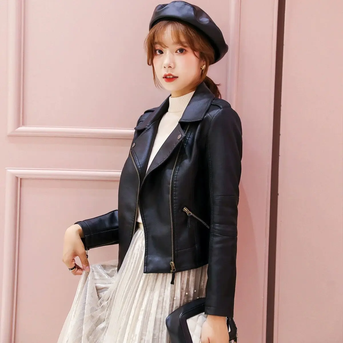 women's short leather jacket fashion PU Motorcycle suit women's slim-fit leather jacket Korean version of women's zipper jacket