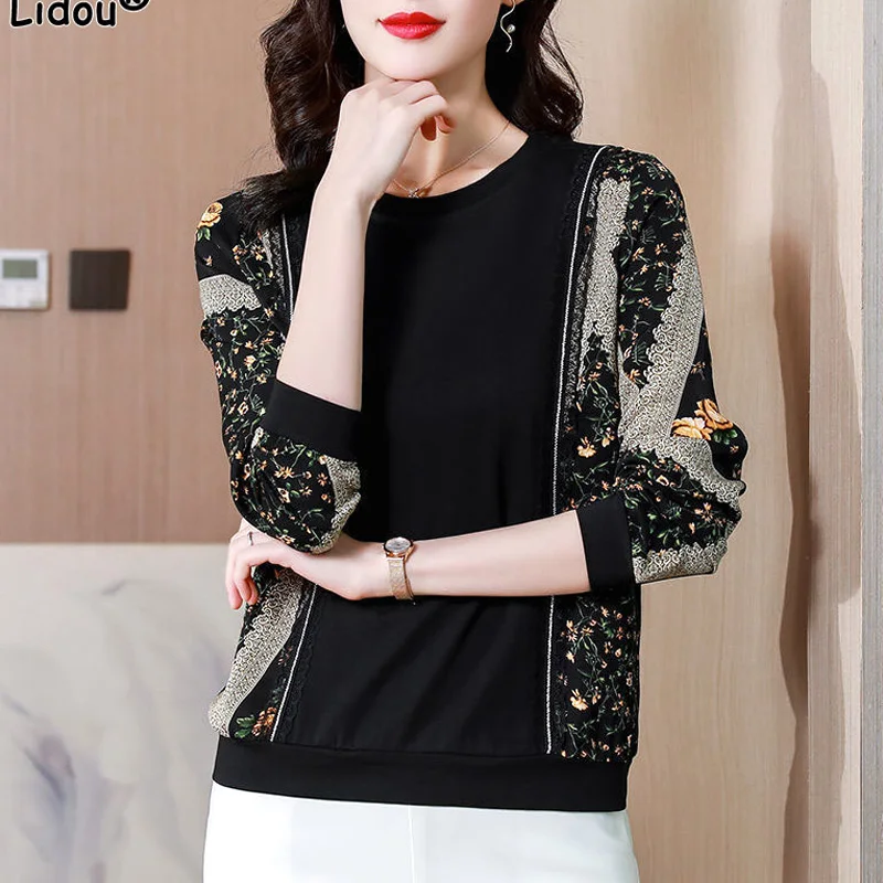 

High-end Fashion Round Neck Long Sleeve Vintage T-shirt Floral Patchwork Blended Spring Summer Women's Clothing 2022 New Trend