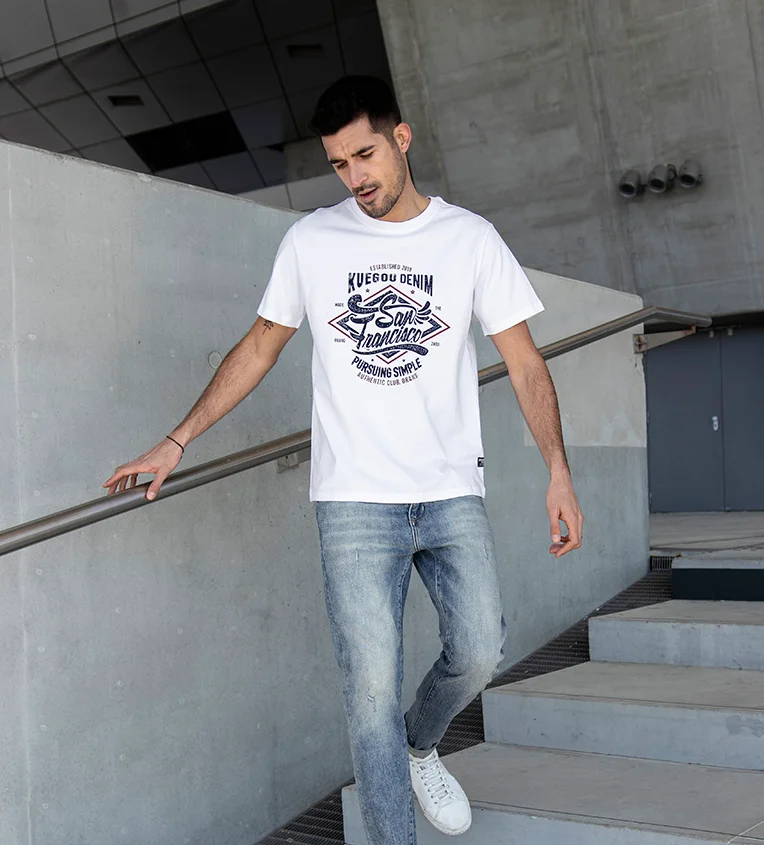 

PD8608 -6Summer new men's printed round neck short sleeve t-shirt men's white personalized men's top.