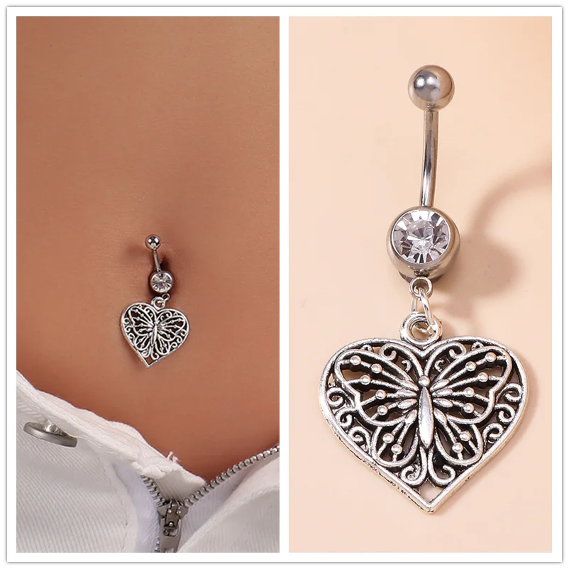 

Bohemia Vintage Crystal Butterfly Heart Pendant Belly Button Rings Female Navel Rings Belly Piercing Body Jewelry