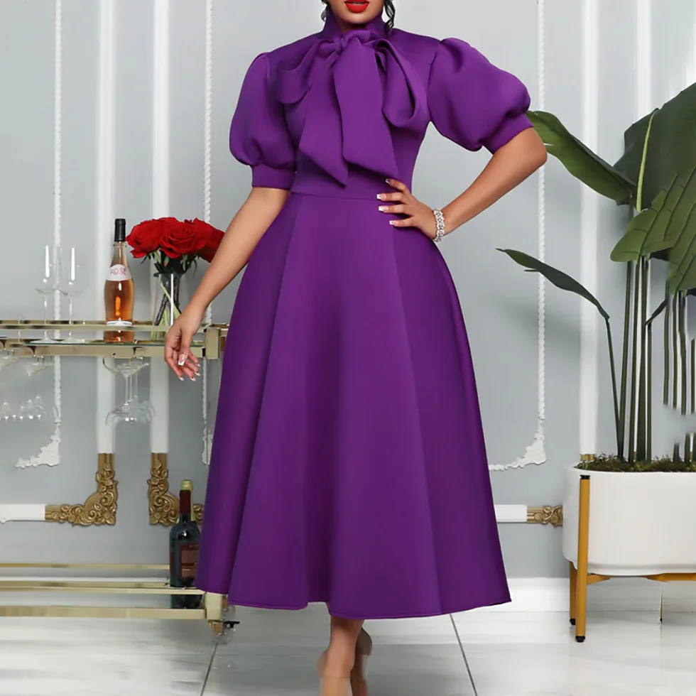 

Oversized Women's Summer New Bowtie Celebrity Solid Color Banquet Dress Short Sleeve Dress