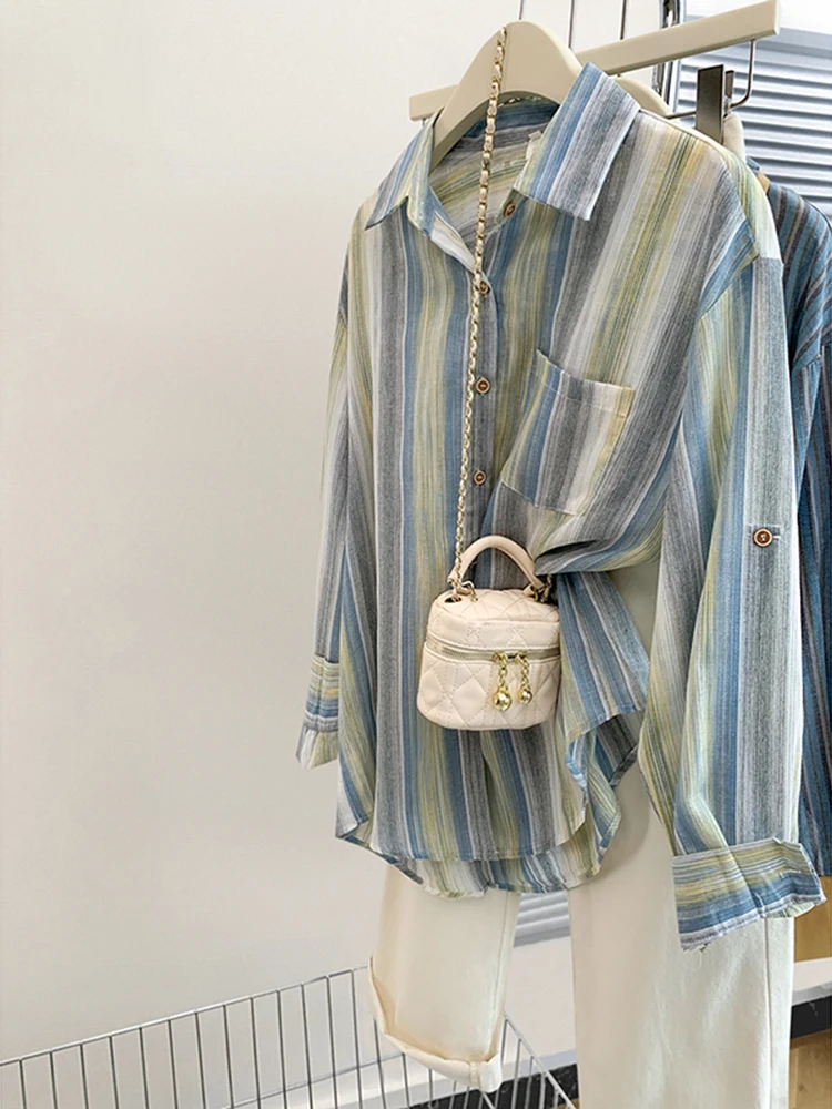 Женская блузка в полоску элегантная рубашка Корейском стиле ретро повседневные