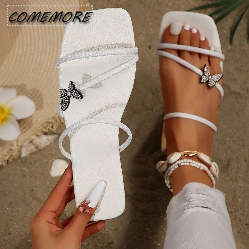 Шлепанцы женские на низком каблуке повседневные сандалии с бантом и кристаллами