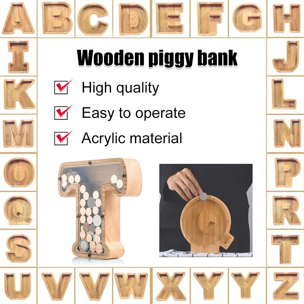 

26 Letter Wooden Piggy Bank with Name Sticker Alphabet Coins Storage Box Money Saving Box Room Home Decoration Accessories Gift
