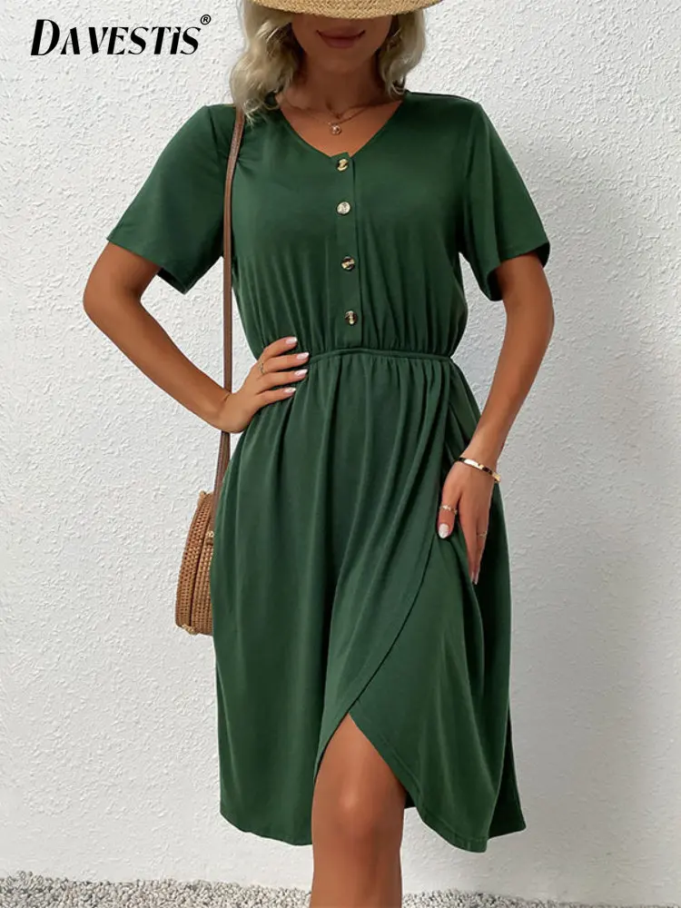

Women Solid Color V-neck Dress 2023 Summer Loose Breathable Casual Short-sleeved Slit Dresses for Women Waist Slim Midi Dress