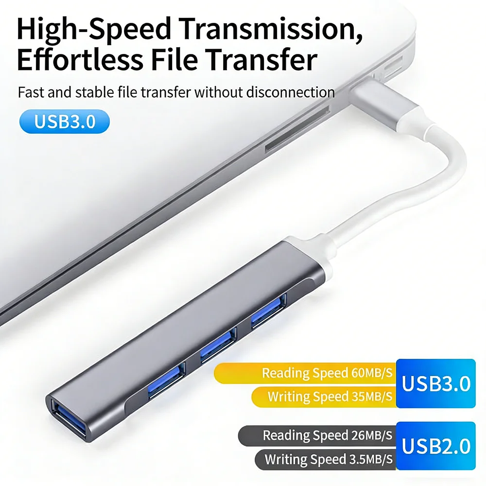 Фото USB-концентратор KEBIDUMEI USB 3.0, 5 Гбит/с, высокоскоростной, 4 порта, USB-C, USB-разветвитель, OTG-адаптер для мыши, клавиатуры, MacBook Pro, ноутбука, настольного компьютера №2