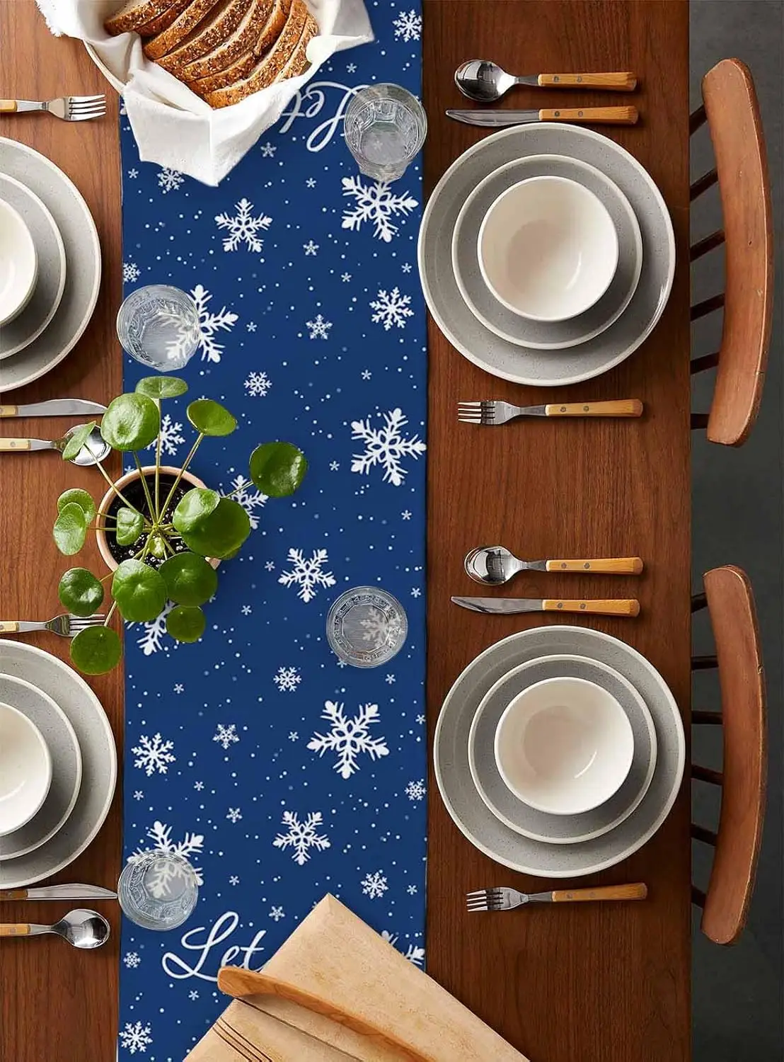 С Рождеством Снеговик Снежинки Ягоды Синий Льняной Скатерть Обеденный Стол