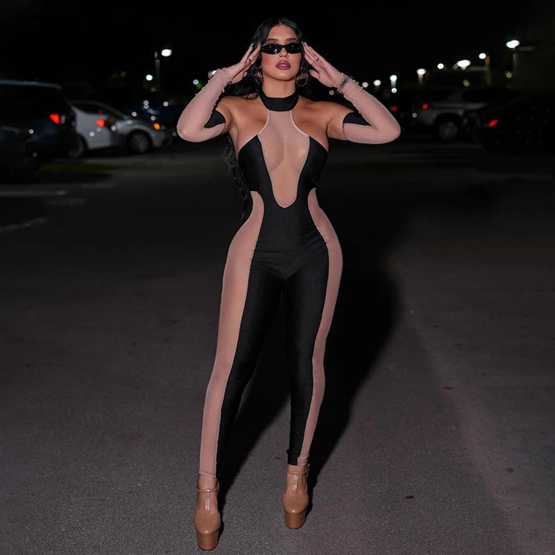 

BIIKPIIK Sexy Skinny Jumpsuits Patchwork Mesh See Through Body-shaping Rompers Off Shoulder With Sleeves Fashion Outfits Autumn