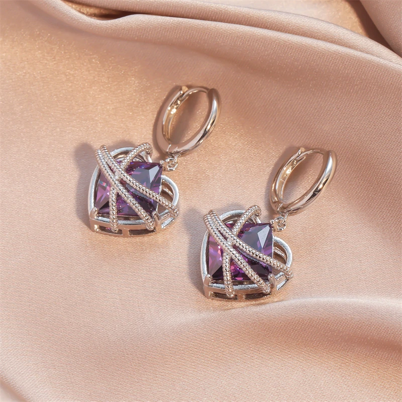 

2023 New Fashion Purple Heart Shape Hoop Earrings for Women Korean INS Cubic Zircon Weave Girl Earring Accessories