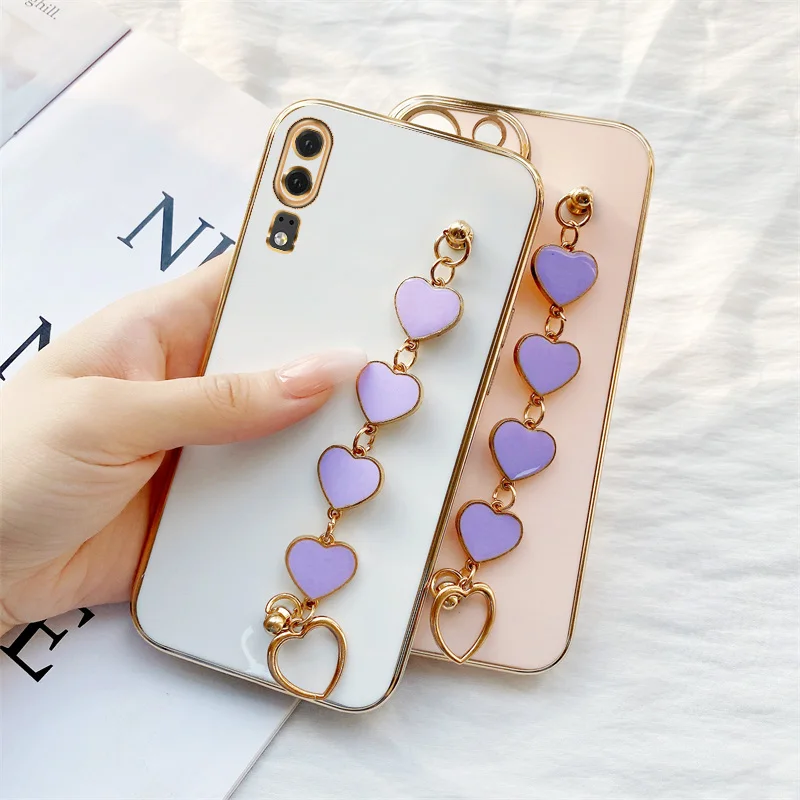 

Purple Love Heart Chain Case for Huawei P20 P30 Lite New Edition P20 Pro P40 Nova 3E 4E Epoxy Heart Hanging Bracelet For Girls