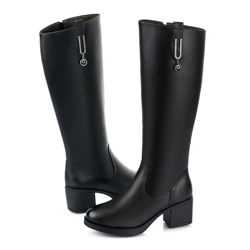 Real Soft Leather Boots, Boots, But Knee Boots, Women's Winter Plus Velvet PU Leather Thick Heel Mid Boots, Thick Leg High Boots