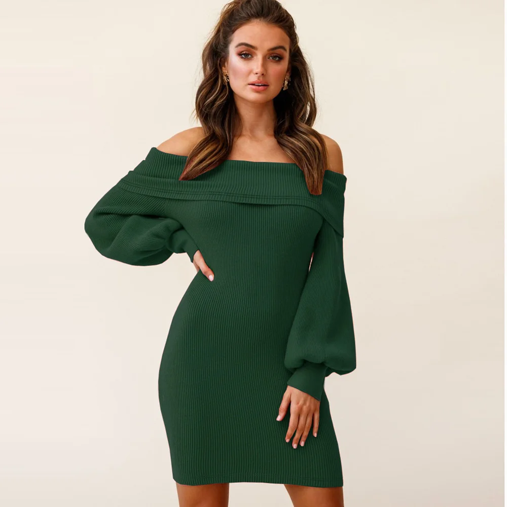 

Sexy hip wrap Knit Skirt off shoulder Lantern Sleeve Dress New rib dress in autumn and winter