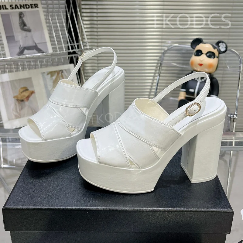 

New Chunky High Heels Real Leather Sandals Women Peep Toe Punk Style Brand Sandals Summer Luxury Fashion Week Party Shoes Mujer