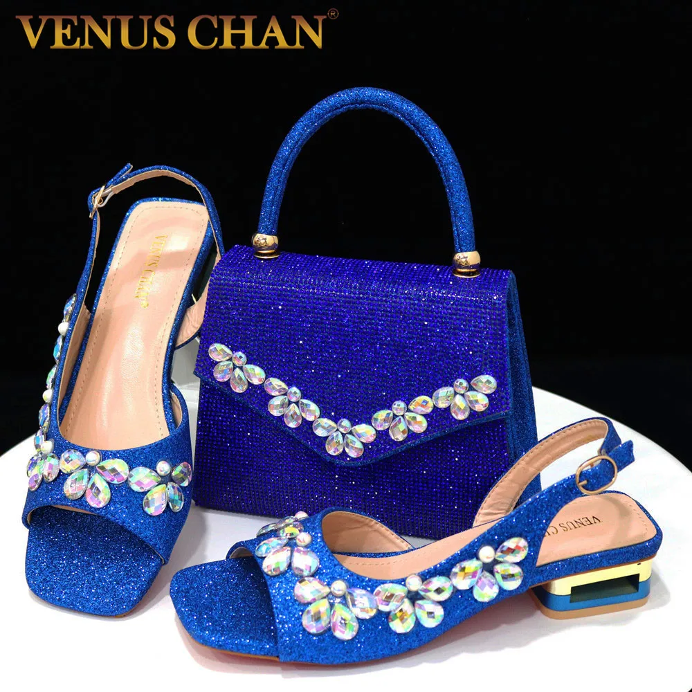 

Venus Chan 2023 свадебные туфли на низком каблуке для невесты синего цвета с акварельным бриллиантовым цветком блестящий материал для фотографий