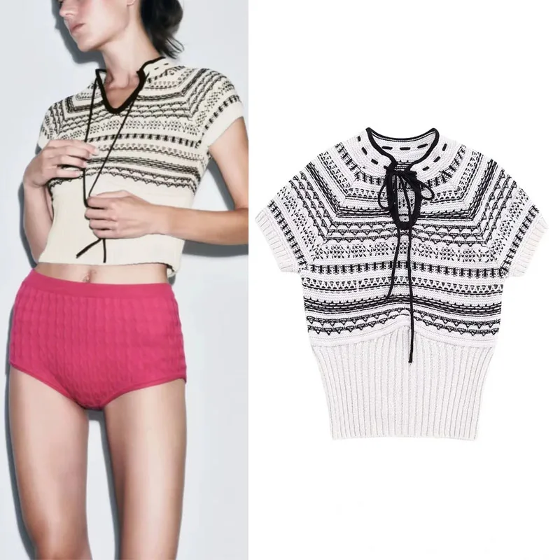 

TRAF 2023 Women Knit Tops Summer New Fashion Jacquard Tops Drawstring Collared Short Sleeves Slim Contrast Colors Female Tops