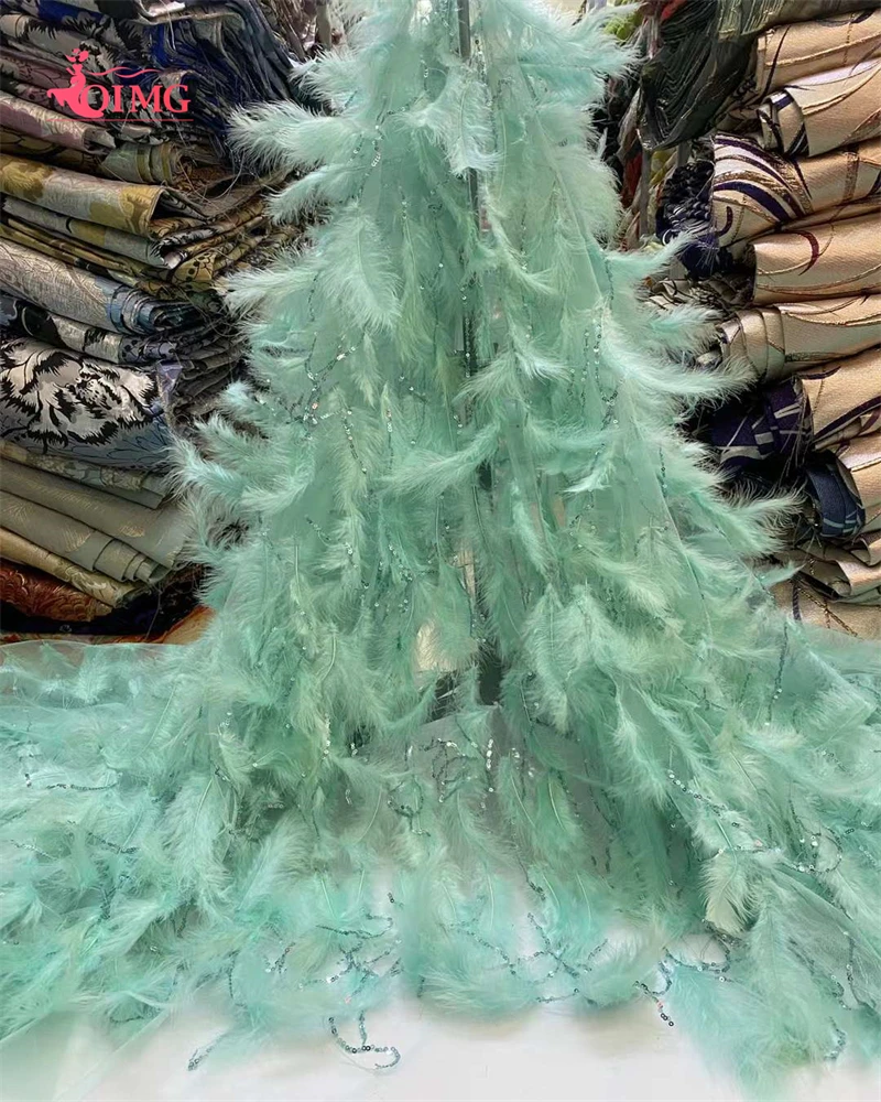 

Latest Luxury Elegant African Feather Beaded Lace Fabric Embroidery With Sequins Nigerian Tulle For Wedding Party Long Dress