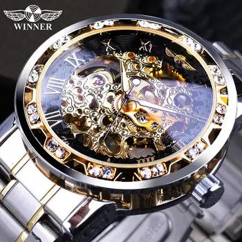 Winner Transparent Fashion Diamond Luminous Gear Movement Royal Design Men Top Brand Luxury Male Mechanical Skeleton Wrist Watch 1