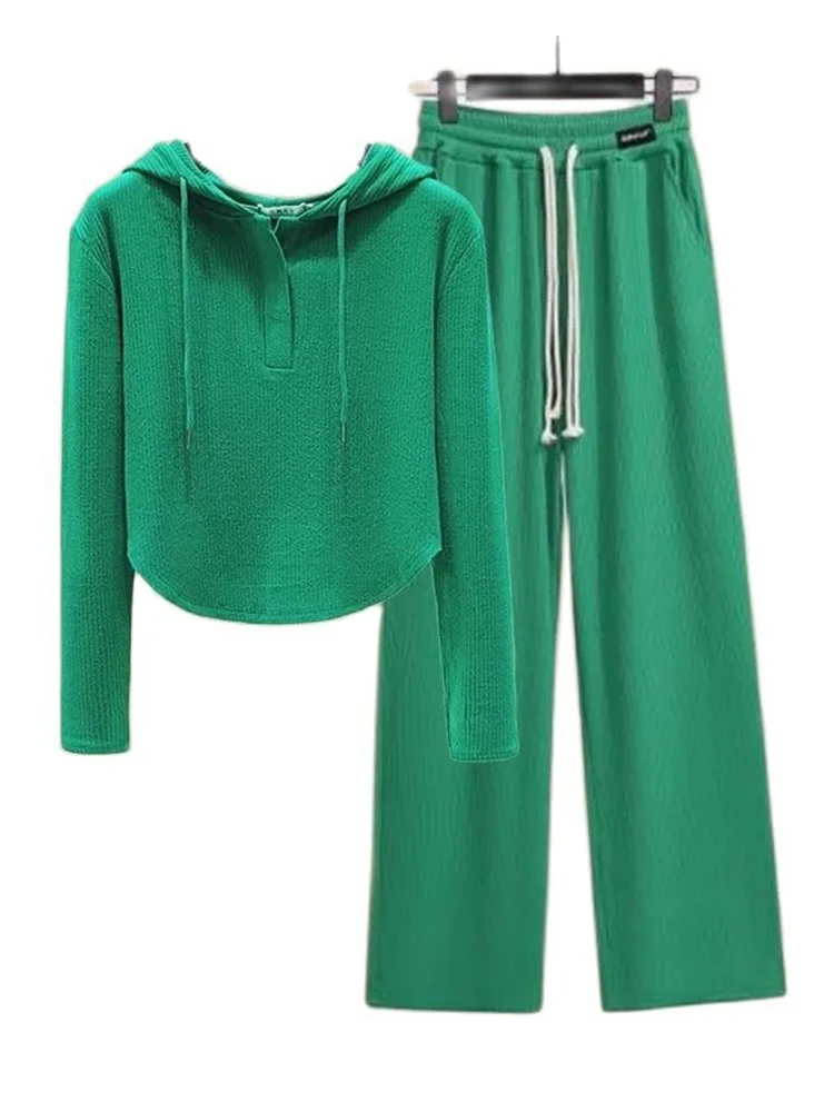 

Spring Autumn Spring Irregular Women Hooded Tops+High Waist Double Lace-up Straight Wide Leg Pants Suit Women's Two Piece Set