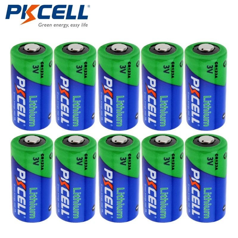 Batería de iones de litio PKCELL 3V 16340 CR123A de 10 piezas, capacidad Real, batería de litio de 1500mAh para linterna LED, Faro de cámara
