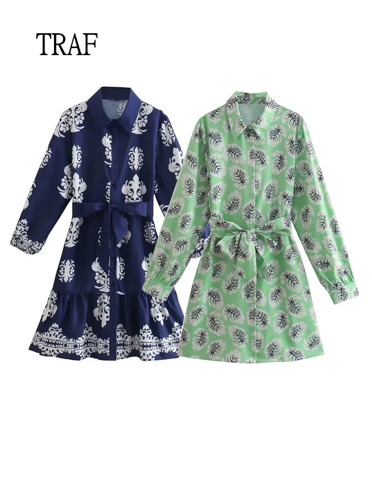 

TRAF Women Print Short Dress 2022 Summer With Belted Mini Vintage Dress Woman Clothing Lapel Long Sleeves Casual Dresses