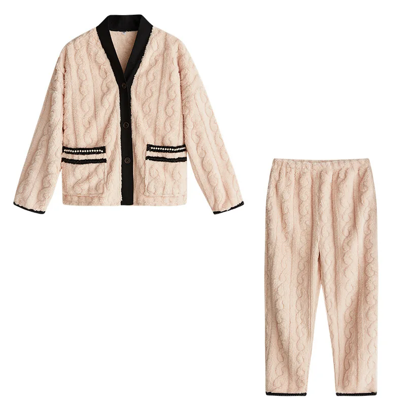 Flannel Pajamas Set For Women WInter Warm Pyjamas 2-Piece Loose Homewear Nightwear Warm Sleepwear