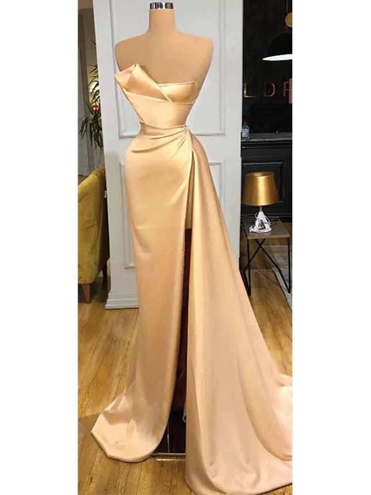 

Женское Атласное Вечернее платье до пола, мягкое атласное платье без бретелек со шлейфом и разрезом сбоку, модель 2022 года