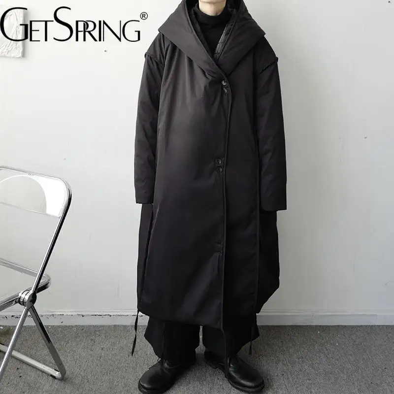 

Женская однотонная парка GetSpring, простая однобортная стеганая зимняя верхняя одежда, куртка, универсальная свободная теплая длинная куртка ...