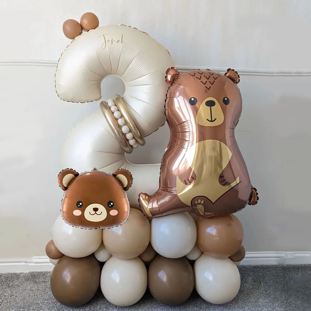 

32Pcs Coffee Brown Bear Number Balloon Set with 32inch Cream Number Balloon for Birthday Party Decoration Baby Shower Supplies