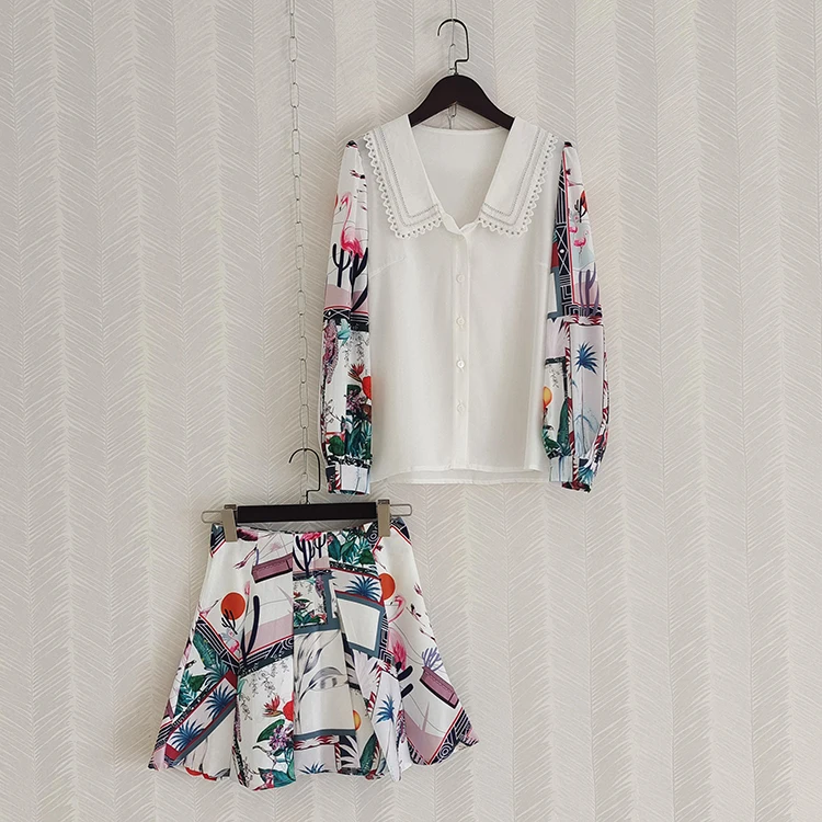 

2 Pieces Set Spring Casual Formal Women Dress Puff Sleeve Flower Print Anime Animal Printed Lady Ball Gown Mini Dresses