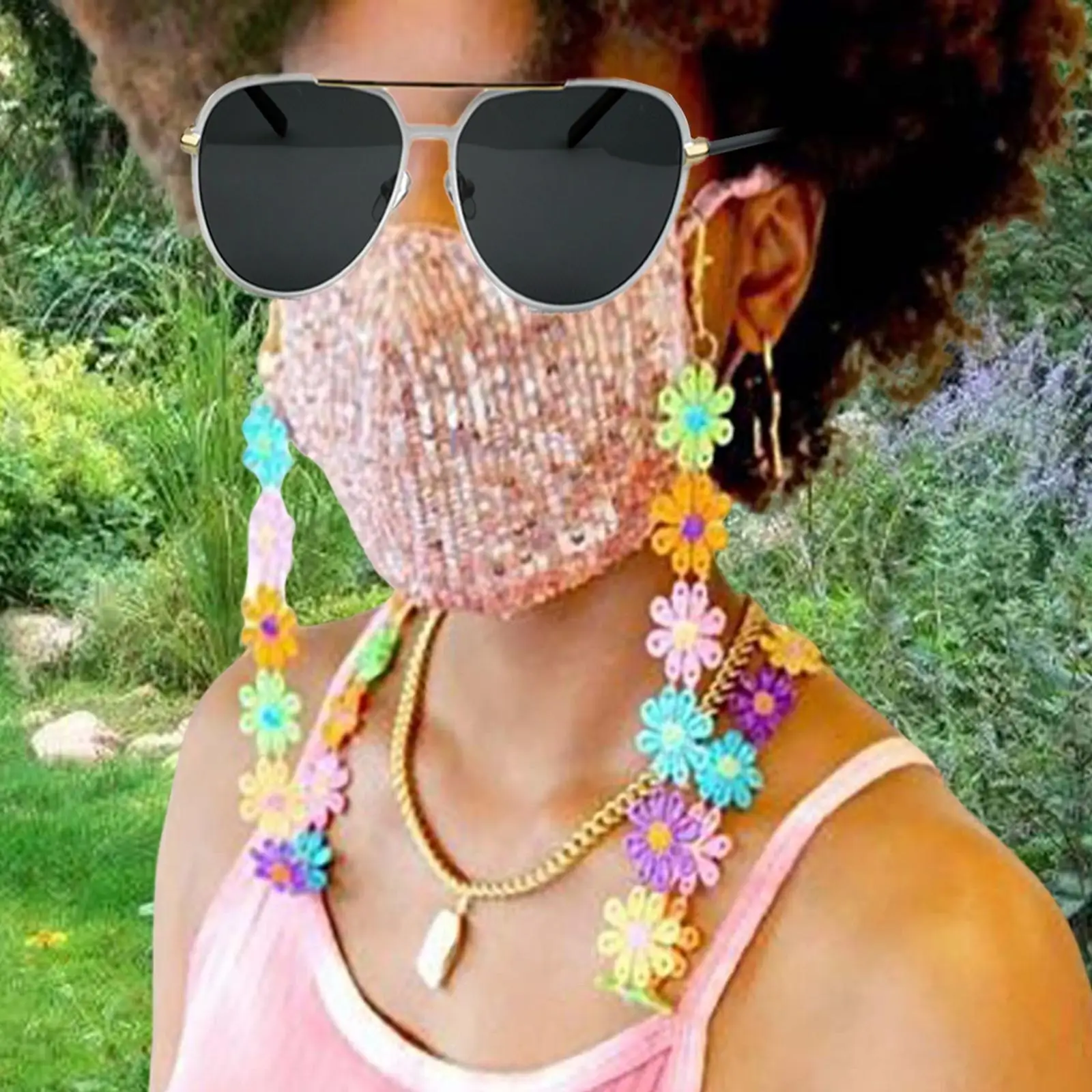 

Flower Face Mask Lanyard with Lobster Hook Colorful Cute Bloom Daisy Flower Eyeglass Necklace