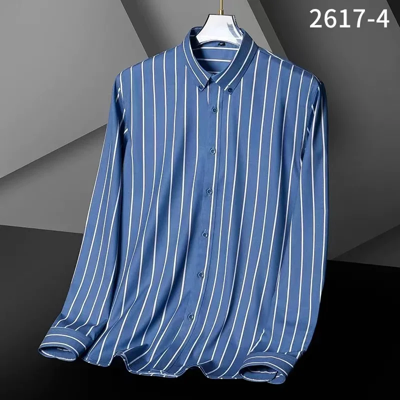 Spring Striped Shirt Men's Long Sleeve Elastic Slim Fitting Business Light Luxury Men's Shirts